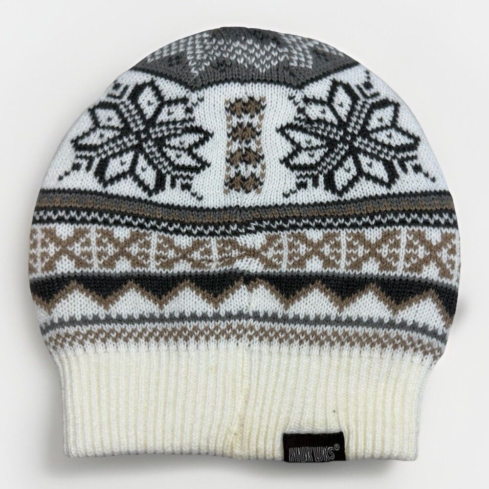 Muk Luks‎ Reversible Knit Beanie Cream Brown Snowflake Winter Hat